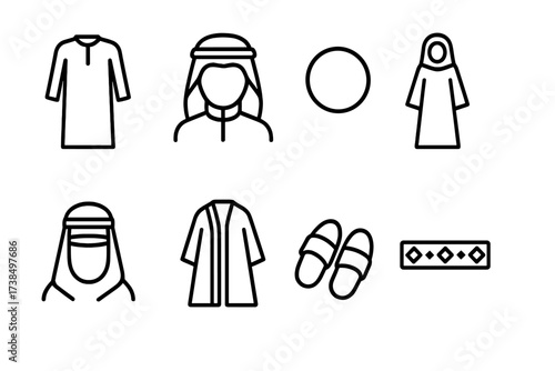 Emirati and Qatari Icons. Outline icon set of Emirati transportation: Dhow boat, Camel caravan, Abra boat, Modern car, Metro train, Bicycle, Yacht, Falcon