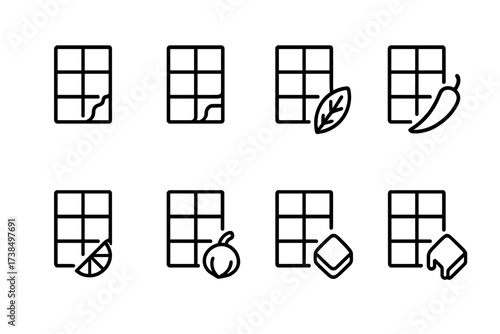 Chocolate Flavors Icons. Outline icon set of chocolate flavors: dark chocolate, milk chocolate, white chocolate, mint chocolate, chili chocolate, orange