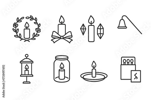 Outline Icon Sets. Outline icon set of candlelight decor: floral wreath, ribbons, crystals, candle snuffer, matches, lantern stand, glass jar, decorative tray.