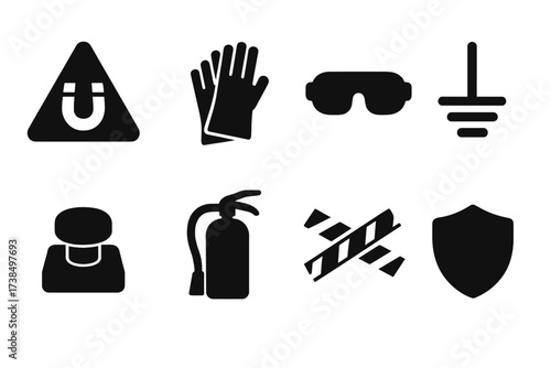 Magnetic Safety Icons. Solid, filled icon set of magnetic safety: warning sign, insulated gloves, safety glasses, grounding wire, emergency stop,
