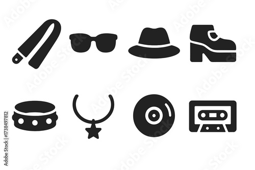 Funk Accessories Icons. Solid, filled icon set of funk accessories: guitar strap, sunglasses, fedora hat, platform shoes, wristband, necklace, record vinyl,
