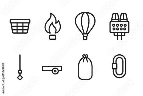 Balloon Transport Icons. Outline icon set of balloon transport: balloon basket, hot air balloon flame, balloon envelope, balloon burner, balloon tether,
