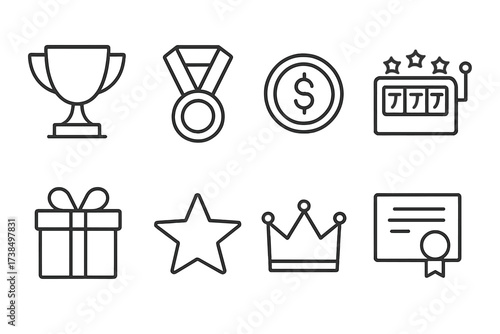 Chance Reward Icons. Outline icon set of chance rewards: trophy, medal, gold coin, jackpot, gift box, star, crown, certificate. Line icons in only black color,