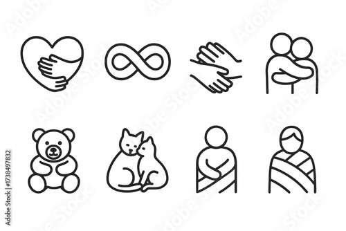 Embrace Icon Collection. Outline icon set of embrace symbols: heart-shaped hug, infinity embrace, embracing hands, intertwined arms, hugging silhouettes,