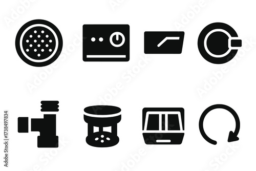 Washing Machine Icon Set. Solid, filled icon set of washing machine parts: drum, control panel, detergent drawer, door handle, water inlet valve, filter, soap