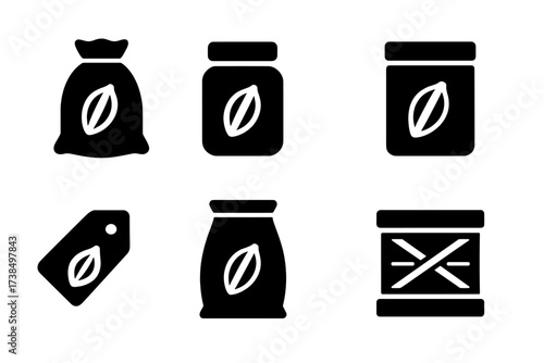 Cocoa Packaging Icons. Solid, filled icon set of cocoa packaging: paper sack, glass jar, sealed bag, tin can, retail box, label tag, bulk container, shipping