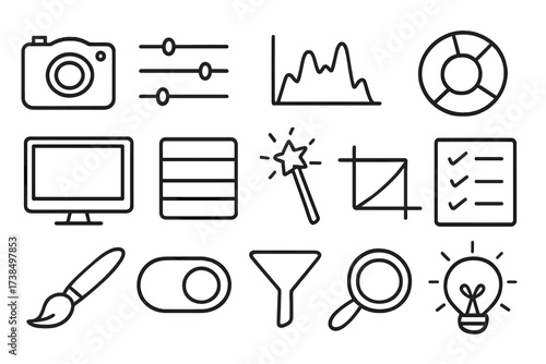 Photo Editing Tools Icons. Hand-drawn doodle illustration photo preset camera, sliders, histogram, color wheel, computer screen, layers panel, magic wand, crop