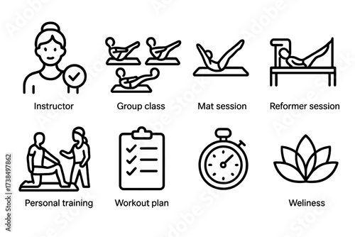 Pilates Icon Sets. Outline icon set of pilates classes and training: instructor, group class, mat session, reformer session, personal training, workout plan,