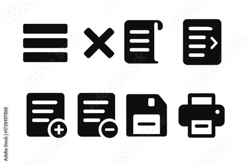 Black Menu Icons. Solid, filled icon set of menu actions: open menu, close menu, scroll menu, select item, add to order, remove item, save menu, print menu.
