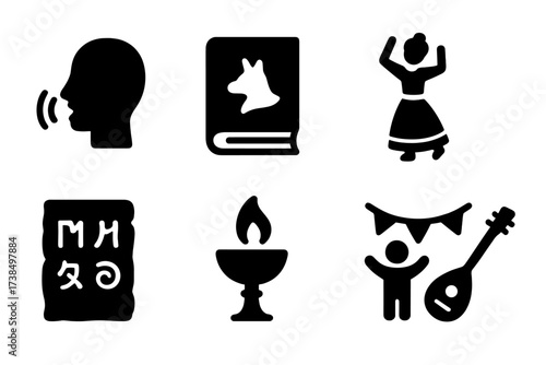Intangible Heritage Icons. Solid, filled icon set of intangible heritage: oral storytelling, folk tale book, traditional dance, ancient script, ritual object,