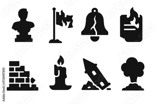 Aftermath Icon Set. Solid, filled icon set of aftermath and ruin: broken statue, burned flag, cracked bell, scorched paper, collapsed wall, melted candle,