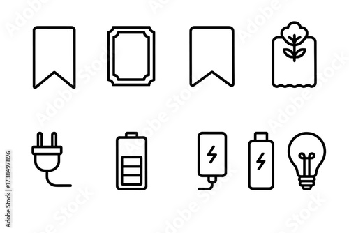 Stylish Icon Grid. Outline icon set of bookmark styles: minimalist, vintage, modern, decorative, cartoon, abstract, elegant, colorful. Line icons Outline icon