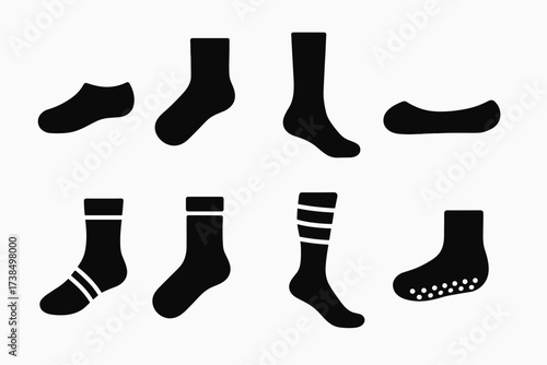 Sock Types Icons. Solid, filled icon set of socks types: ankle socks, crew socks, knee-high socks, no-show socks, athletic socks, wool socks, compression