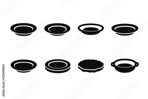 Dish Icon Collection. Solid, filled icon set of dish materials: ceramic dish, porcelain dish, glass dish, metal dish, plastic dish, wooden dish, stoneware