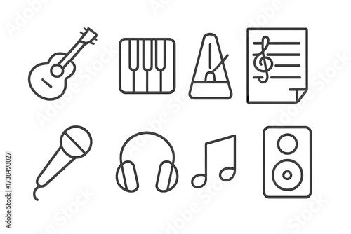 Music Icon Set. Outline icon set of music practice: guitar, piano keys, metronome, sheet music, microphone, headphones, music notes, speaker. Line icons in