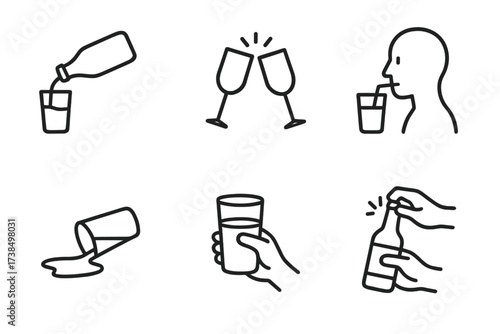 Drinking Actions Icons. Outline icon set of drinking actions: pouring drink, clinking glasses, sipping straw, spilled drink, cheers toast, holding glass,