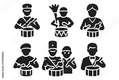 War Drummer Icons. Solid, filled icon set of war drum famous players: military drummer, tribal drummer, battle musician, ceremonial drummer, percussionist,