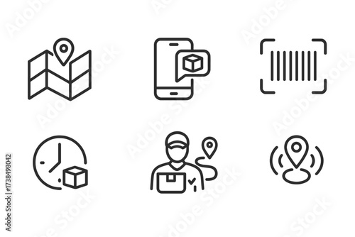 Shipment Tracking Icons. Outline icon set of shipment tracking features: live map, package status, push notification, tracking barcode, estimated delivery