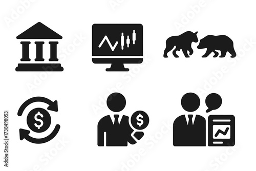 Bond Market Icons. Solid, filled icon set of bond market: stock exchange building, market graph, trading screen, bull and bear, money flow, investor, broker,