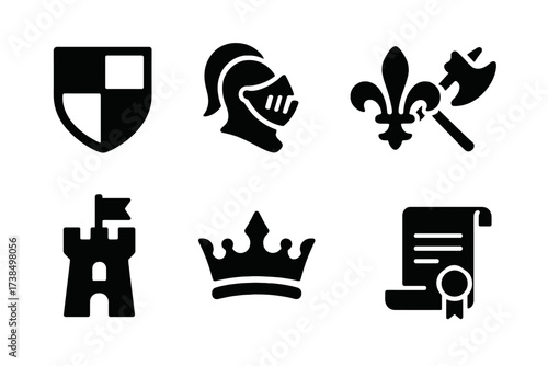 Feudal Symbols Icons. Solid, filled icon set of feudal symbols: coat of arms, knight?s helmet, fleur-de-lis, sword crossed with axe, castle flag, shield