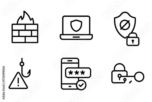 Internet Security Icons. Outline icon set of internet security: firewall, VPN, antivirus shield, password lock, phishing alert, two-factor authentication,