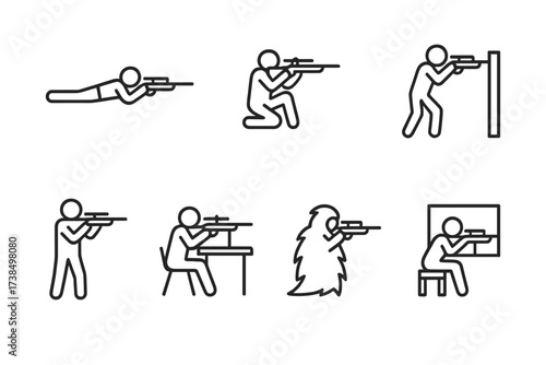 Sniper Shooting Positions Icons. Outline icon set of sniper shooting positions: prone, supported sitting, kneeling, shooting from cover, standing rest, bench