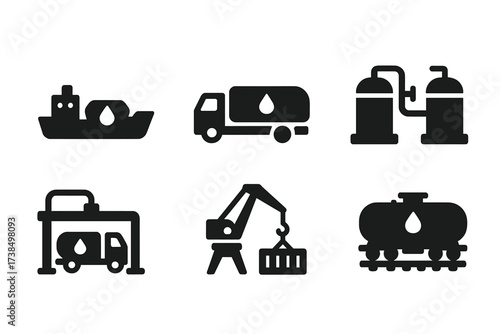 Oil Transport Icons. Solid, filled icon set of oil transportation: tanker ship, oil truck, pipeline, storage depot, railroad tanker, loading dock, port crane,