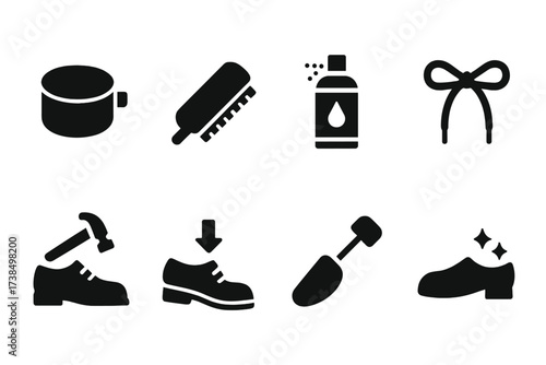 Shoe Care Essentials Icons. Solid, filled icon set of shoe maintenance: shoe polish, brush, waterproof spray, shoelace replacement, shoe repair, sole
