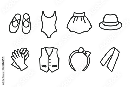 Dance Attire Icons. Outline icon set of dance attire: dance shoes, leotard, tutu, hat, gloves, vest, headband, sash. [Line icons in only black color,