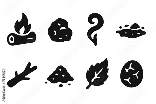 Ashes and Remnants Icons. Solid, filled icon set of ashes and remnants: burning log, crumbling ember, smoke swirl, scorched ground, charred branch, ash pile,