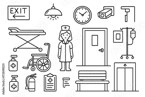 Hospital Corridor Doodles. Hand-drawn doodle illustration hospital corridor stretcher, wheelchair, nurse, exit sign, hand sanitizer, fire extinguisher, bench,