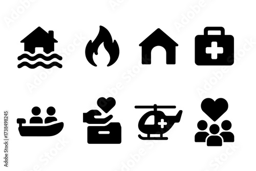 Disaster Relief Icons. Solid, filled icon set of disaster relief aid: flood, fire, shelter, emergency kit, rescue boat, donation box, aid helicopter, community