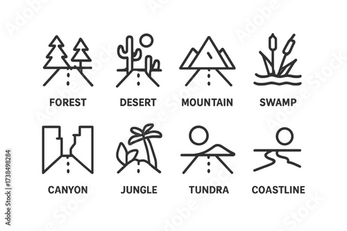Nature Path Icons. Outline icon set of unknown road settings: forest, desert, mountain, swamp, canyon, jungle, tundra, coastline. Line icons in only black