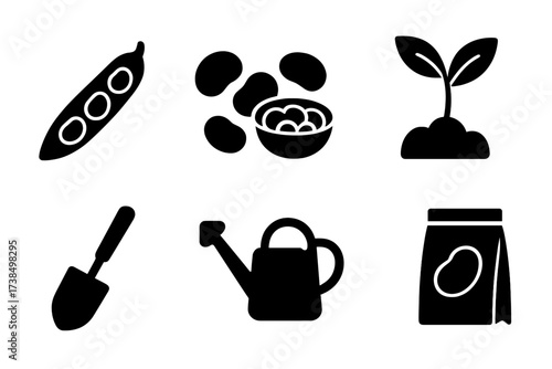 Fava Beans Icon Set. Solid, filled icon set of fava beans: fava bean pod, shelled beans, bowl of fava beans, sprouting fava plant, garden shovel, watering can,