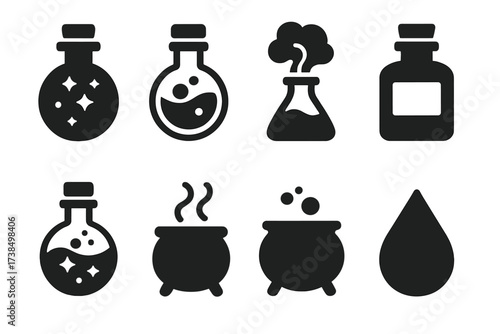 Invisibility Potion Icons. Solid, filled icon set of invisibility potions and alchemy: glass vial, glowing liquid, potion bottle, smoke-filled flask, empty