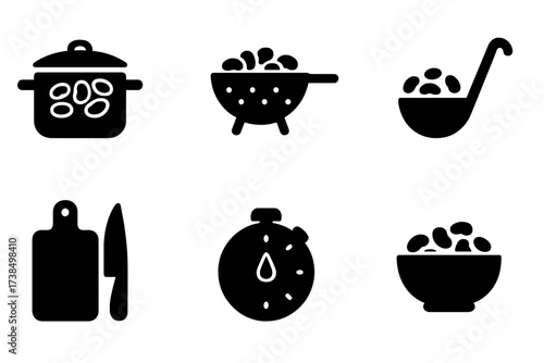 Boiled Bean Tools Icons. Solid, filled icon set of boiled bean cooking tools: pot, strainer, stove, ladle, chopping board, knife, timer, bowl. [Line icons in
