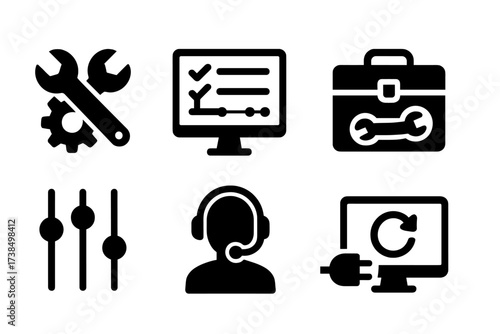 Technical Assistance Icons. Solid, filled icon set of technical assistance: wrench and gear, computer screen with checklist, tool kit, network connection,