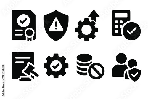 Audit Outcomes Icons. Solid, filled icon set of audit outcomes: compliance certification, risk mitigation, process improvement, financial accuracy, legal