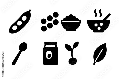 Lentil Icon Set. Solid, filled icon set of lentils: lentil pod, dried lentils, cooked lentils, lentil soup bowl, spoon, seed packet, sprout, plant leaf. [Line