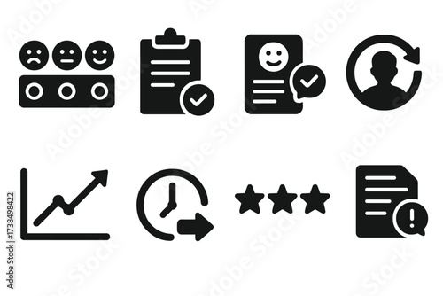 Customer Metrics Icons. Solid, filled icon set of customer experience metrics: NPS score, satisfaction survey, feedback form, churn rate, engagement graph,