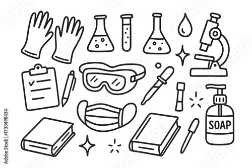 Science Lab Doodles. Hand-drawn doodle illustration Rubber gloves in lab gloves, beaker, test tube, flask, microscope, droplet, bubble, clipboard, pen,