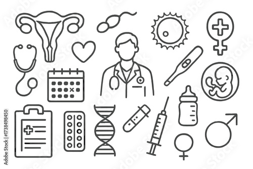 Reproductive Health Icons. Hand-drawn doodle illustration Reproductive system and care uterus, sperm, egg cell, contraception pill, doctor stethoscope,