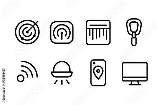 Signal Detection Icons. Outline icon set of signal detection: radar, sonar, scanner, detector, signal wave, sensor, tracking device, monitor. [Line icons in