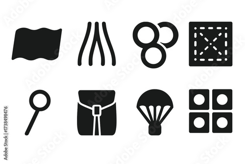 Parachute Components Icons. Solid, filled icon set of parachute materials: nylon fabric, suspension lines, steel rings, stitching, ripcord, container pack,
