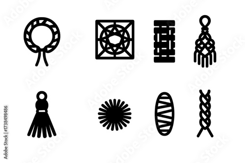 String Craft Icons. Solid, filled icon set of string crafts: friendship bracelet, string art, woven band, macrame, tassel, pom-pom, wrapped bundle, braided