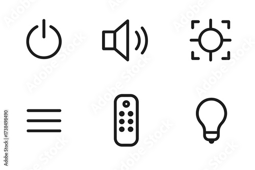 Projector Control Icons. Outline icon set of projector controls: power button, volume control, keystone correction, focus adjustment, menu button, source
