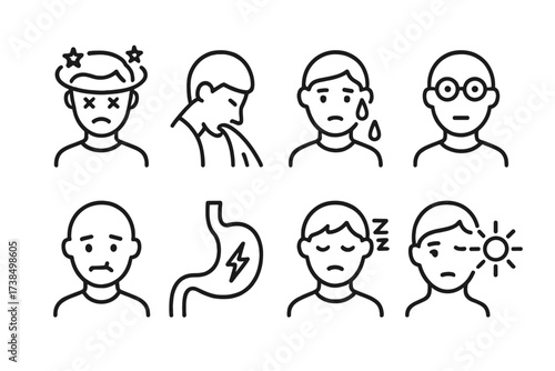 Hangover Symptoms Icons. Outline icon set of hangover symptoms: dizziness, vomiting, sweating, blurred vision, dry mouth, stomach ache, fatigue, sensitivity to