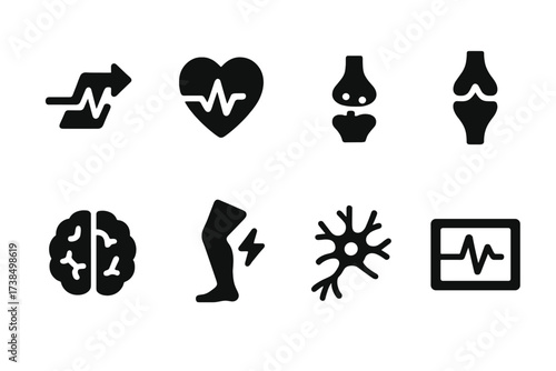 Biological Impulse Icons. Solid, filled icon set of biological impulses: nerve signal, heart pulse, synapse, muscle contraction, brain activity, reflex,