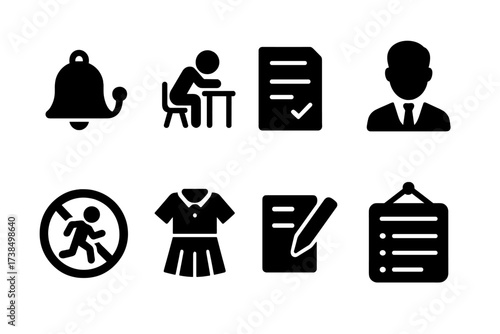 School Rules Icons. Solid, filled icon set of school rules and discipline: school bell, detention, report card, principal, no running sign, uniform, homework,