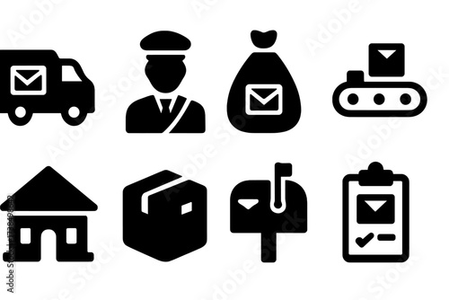 Postal Service Icons. Solid, filled icon set of postal service: mail truck, postman, mailbag, sorting machine, post office building, parcel, mailbox, delivery